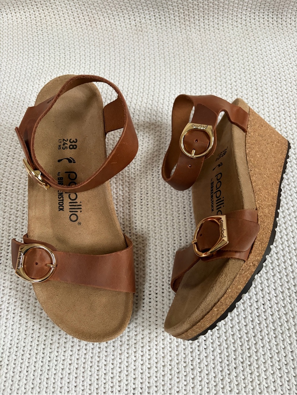 Papillio by Birkenstock Soley Leather Cork Wedge Sandals with Gold Buckles 38